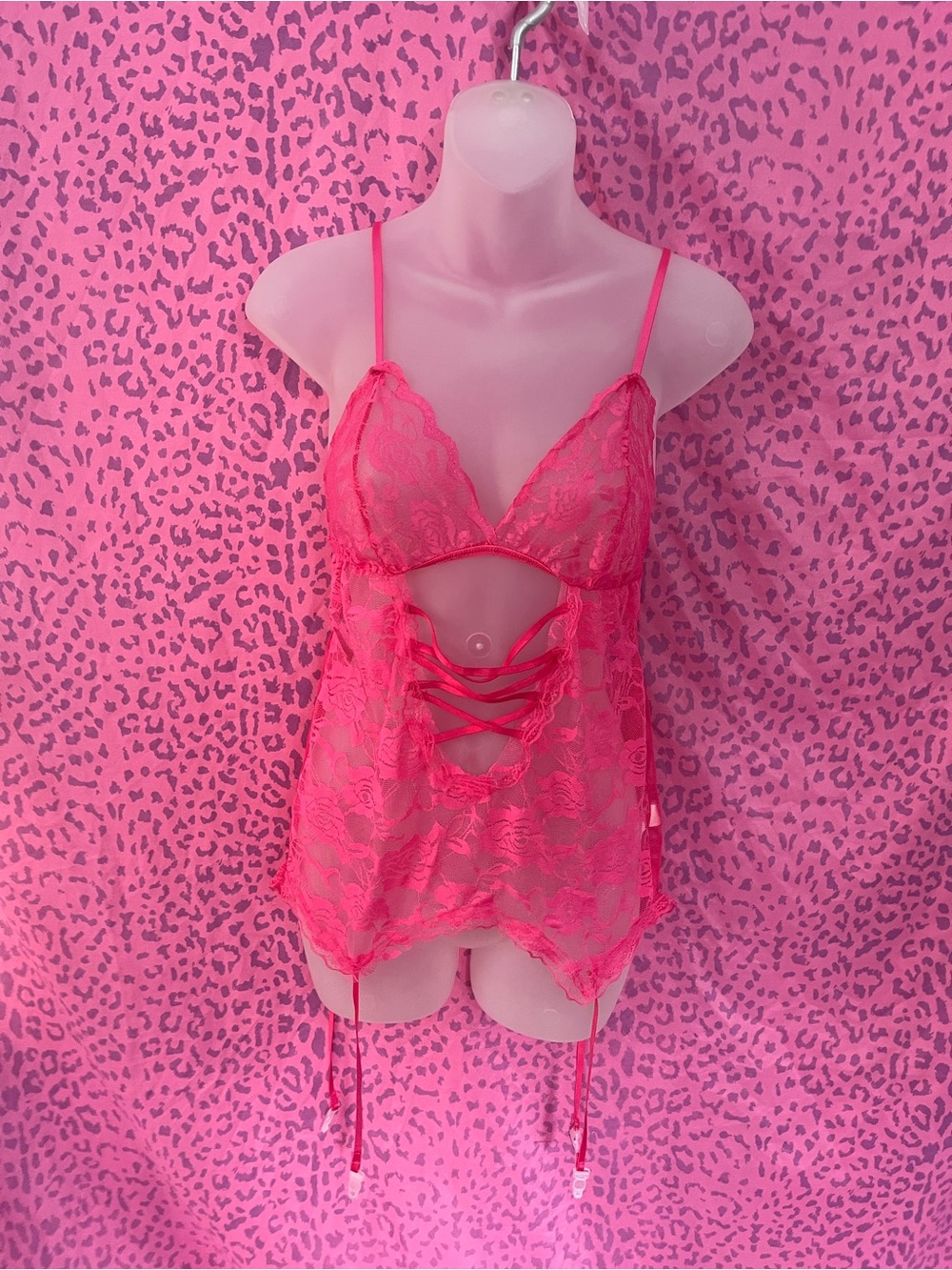 Women's Pink Lace Chemise Lingerie with Crisscross Detail